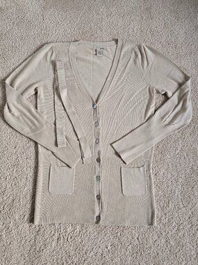 Evie. Beige belted V neck boyfriend cardigan